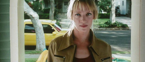 ... and there she is - the Black Mamba (Uma Thurman) and the pussy car in the background.