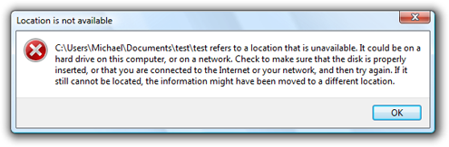 Illustrates the 'Location is unavailable' error dialog.