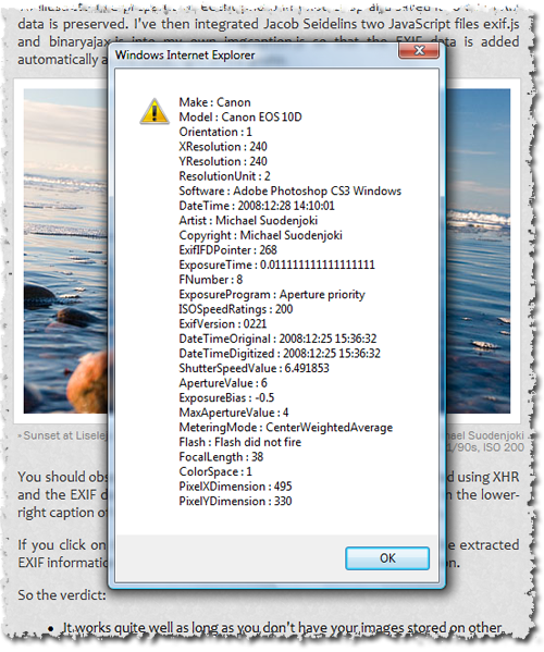Illustrates the message dialog with all the extracted EXIF information.