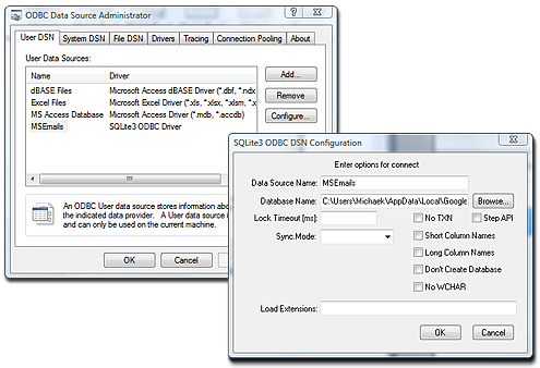 Setup of ODBC DSN pointing to SQLite Database file