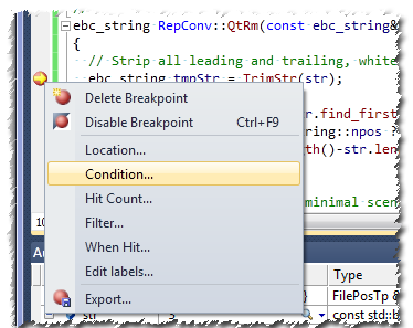 How to set the conditional breakpoint, right click on yellow breakpoint arrow
