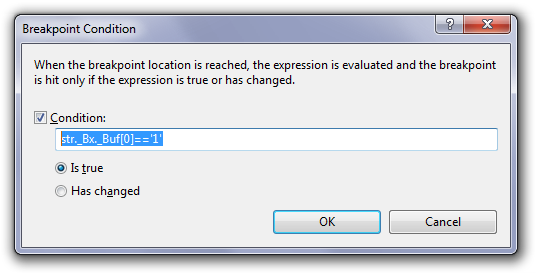 Working expression for Conditional Breakpoint for a std::string variable