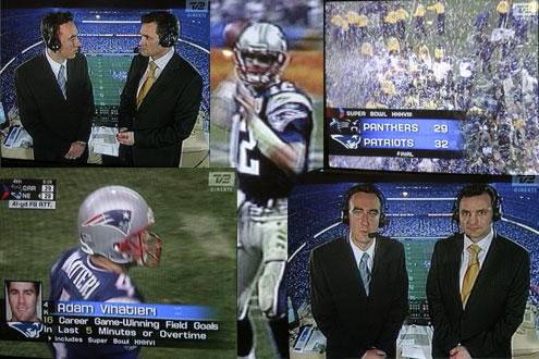 Superbowl XXXVIII. Billeder fra TV2. Kommentatorene Jimmy Bøjgaard og Claus Elming. Klik for stort billede.