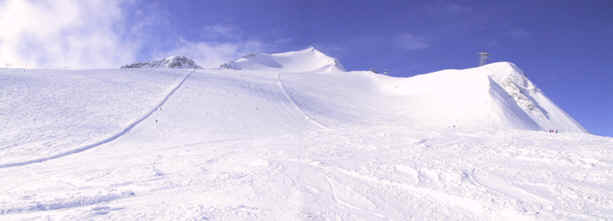 Panorama foto opad Le Grande Motte (Tignes, 3456 moh). Fantastisk boulevard piste der bare skal prøves. Klik på billedet for fuld størrelse.