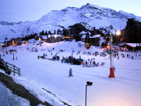 Avoriaz Center in the sunset. Click for larger photo.