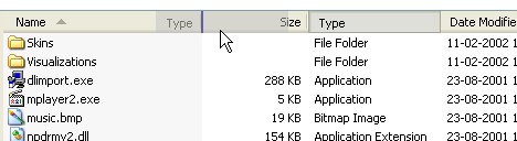 Figure 1: Illustrating the drag and drop sorting feature of the header control in the
    list view control of Windows explorer. Click for larger picture. In this example I'm dragging the Type column. The current insertion point is 
    showed to me by a vertical blue line (in between the Name and Size column).